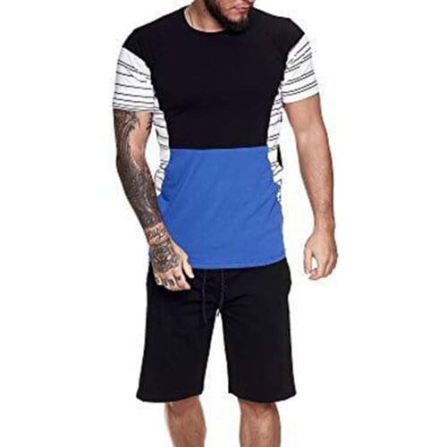 Men Tracksuit Stripe Color Block Summer Patchwork Short Sleeve T-shirt Shorts Set Male Summer 2 Piece Set Casual Clothes