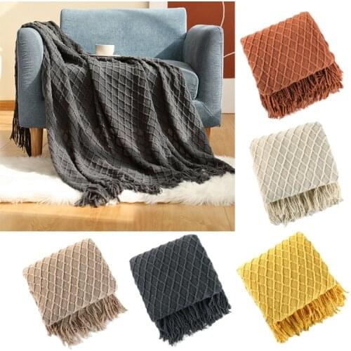 D0AF Nordic Summer Air Condition Blanket Knitted Plaid Blanket Soild Color Sofa Throw Blanket with Tassels Travel Nap Blanket