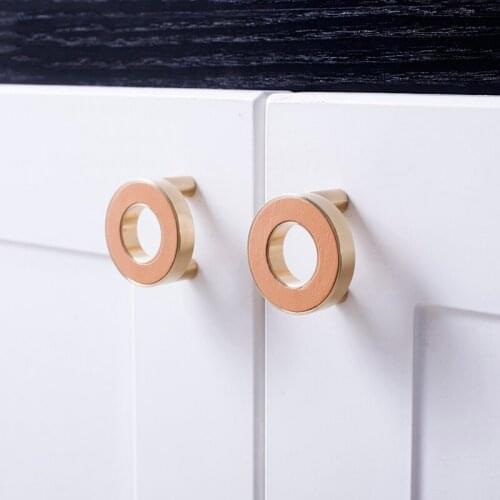 Multicolor/Circle knob / Gold Ring Leather brass Door Handles Pulls Cabinet Drawer pink Knobs For Furniture Hardware