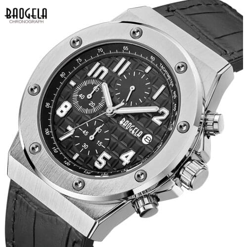BAOGELA Mens Chronograph Quartz Watches Leather Strap Army Sports Luminous Wristwatch for Man 3Bar Waterproof 1805 Silver black