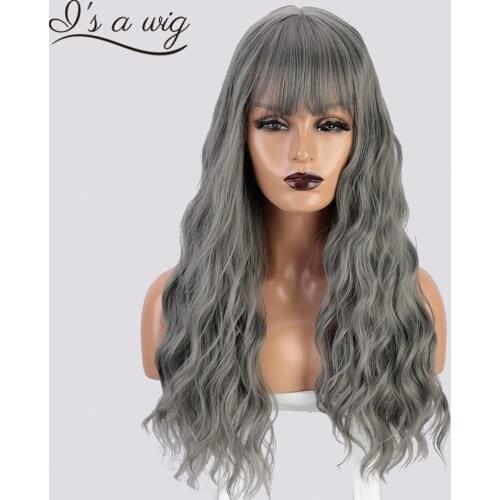 Is a wig Long Water Wave Wigs Synthetic Grey Wigs with Bangs for Women Brown Black Red Natural Hairs for Party Daily Use
