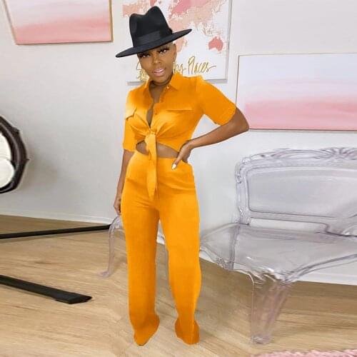 Casual Two Piece Sets Womens Outfits Fashion Women Clothes 2021 Short Sleeve Shirt+straight Long Trouser Lounge Wear Pants Sets
