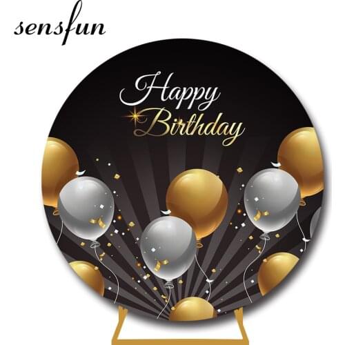 Sensfun Adult Birthday Party Round Backdrop Cover Black Gold Silver Glitter Lady Woman Photography Background Elastic Customized