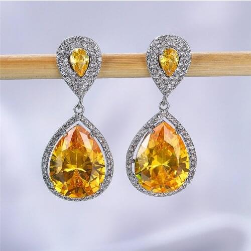 Yellow Crystal Zircon Water Drop Earrings For Women Silver Color Multicolor Stone Dangle Earrings Female Wedding Jewelry