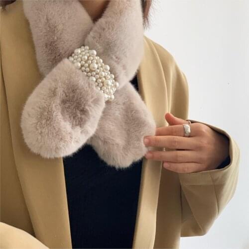 2019 New Style Scarf Girl Winter Lovely Girl Plush Pearl Scarf Winter Imitation Fur Thickening Students Cross Solid Scarf