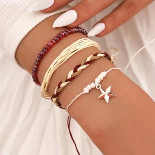 Sindlan 4Pcs Boho Multi Color Star Bracelet for Women Simple Charms Rope Beaded Chain Adjustable Handmade Fashion Jewelry Gift