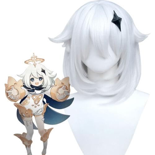 Synthetic White Wig Paimon Cosplay Wig with Bangs Genshin Impact Wig For Women Hair Extensions Short Bobcut MUMUPI