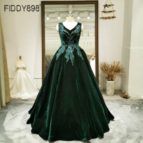 Dark Green Velour Evening Dresses With Beads Appliques Women Formal Gowns Elegant Long Lady Party Dress Vestidos En Oferta
