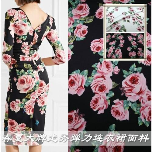 50x145 cm new spring summer elastic imitation linen fabric rose printing garment drape handmade diy dress polyester fabric cloth