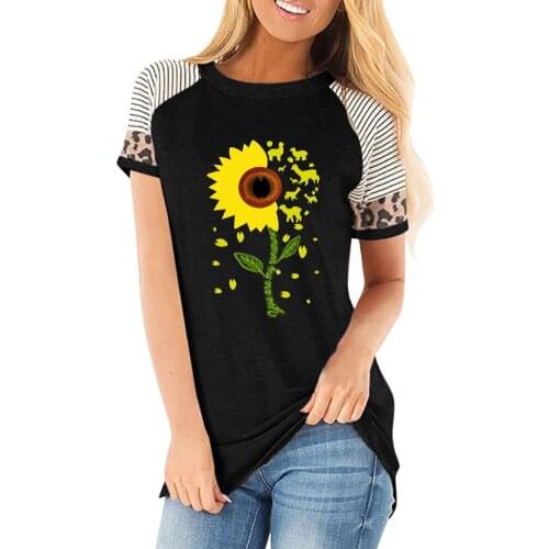 Women T-Shirt Short Sleeve 2021 Elegant Round Neck Sunflower Print Fashion Loose Stripe Casual Ladies t Shirt Female T-Shirt