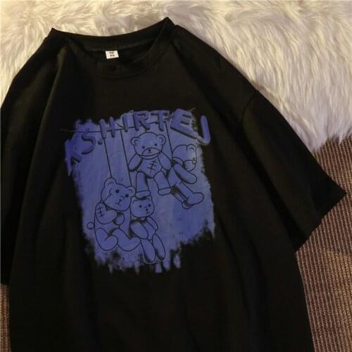 Bear letter print short-sleeved T-shirt women loose top new summer wild loose round neck Harajuku style simple