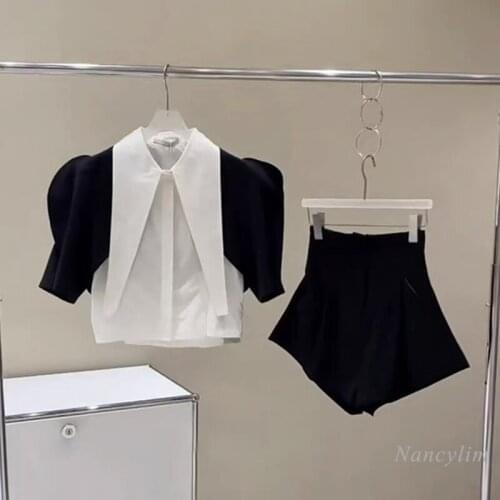 Two Piece Suits Women 2021 Summer New Temperamental All-Match Contrast Color Puff Short Sleeve Shirt + Casual Wide Leg Shorts