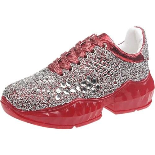 Crystal Full Rhinestone Womens Flat Shoes; 2020 Autumn New Arrival Front Lace-up Platform Shoes Mid-heel Fashion Sneakers Women