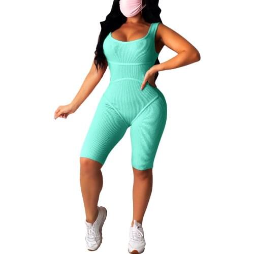 Women Straps Yoga Playsuit Solid Color Sleeveless Round Collar Low Cut Ribbed Rompers Summer Female Workout Suit Skinny Rompers