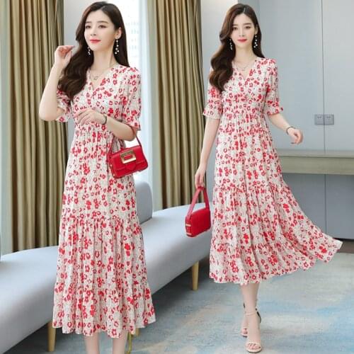 Summer Vintage Floral Chiffon Midi Sundress 2021 Elegant Women Plus Size Boho Beach Maxi Dress Party Short Sleeve Runway Vestido