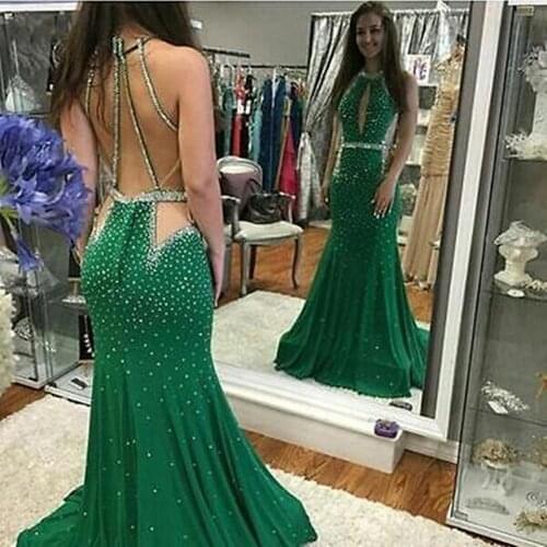 Abendkleider Elegant Long Evening Dress 2019 Backless Beaded Crystal Dark Green Formal Party Gown Prom Dress Robe De Soiree