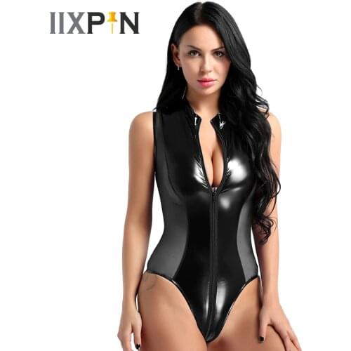 Women Sexy Bodysuit Lingerie Shiny Patent Leather And Sheer Mesh Splice Zipper Open Crotch Thong Bodysuit Swimsuit Nightwear