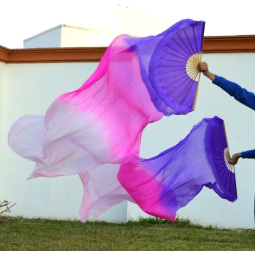 2016 High selling 100% Real Silk Veils 1 Pair handmade women Quality Silk Belly Dance Fan Dance purple rose pink 180*90 cm
