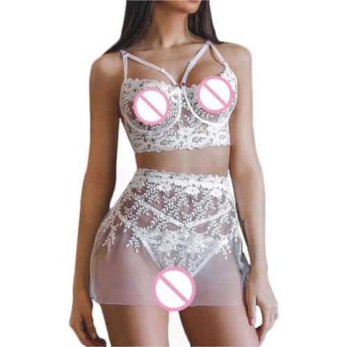 3PC Sexy-Lingerie Femme Lace Perspective Pajamas Womens Erotic Underwear Sleepwear Sets Underwear Nightwear женские пижамы