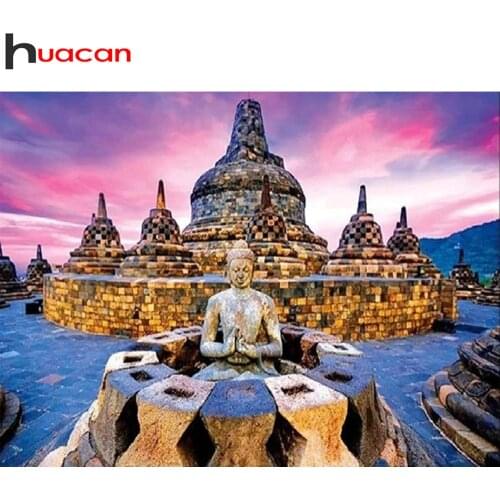 Huacan Diamond Painting Full Buddha Decor Home Diamond Embroidery Religion Building Mosaic Scenery Wall Sticker