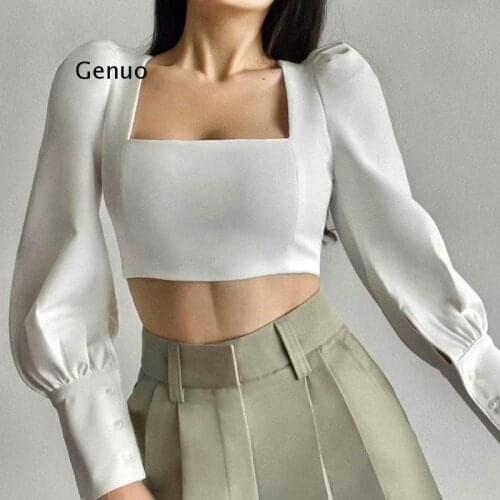 White Shirt Puff Sleeve Backless Square Neck Tie up Zipper Solid Color Buttons Crop Top Women Casual Party Blouses 2021