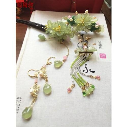 Black Wood Sanders Colored Glaze Pink Crystal hair stick pinchcock Hanfu Costume Hairgrip Hair Accessories Earrings Hair jewelry