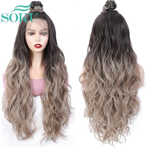 Ombre Grey Color Synthetic Lace Front Wigs Long Wave Moon Part For Black Women Pre-Plucked Ball Head Wigs With Baby Hair Cosplay