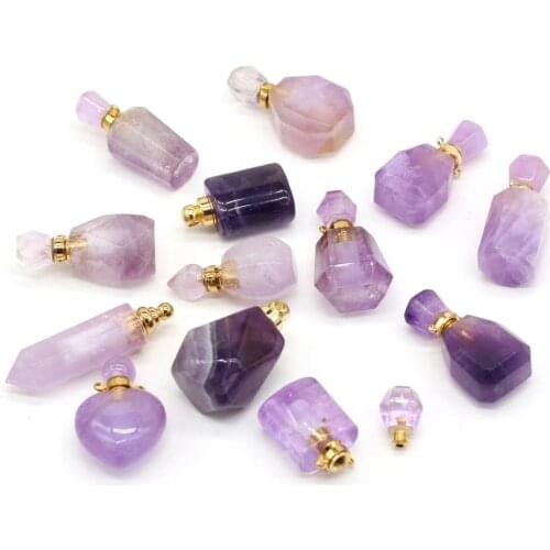 Perfume Bottle Multi-Kind Natural Stone Amethysts Essential Oil Bottles Purple Quartz Pendant for Women Necklace Jewelry Making