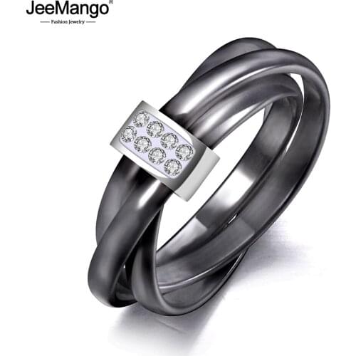JeeMango Exclusive 3 Layers Black/White Ceramic Crystal Wedding Rings Jewelry Rose Gold Stainless Steel Rhinestone Ring JR19066