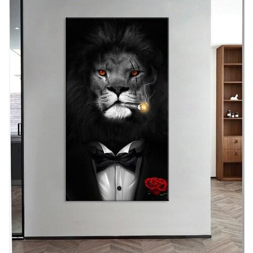 Smoking Lion Canvas Painting Business Suit Gentleman Animal Print Poster Living Room Wall Art Pictures Home Decoration Mural