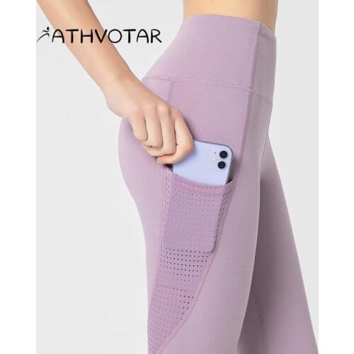 ATHVOTAR Tights Yoga Leggings Sexy Mesh Side Pockets High Waist Running Sport Women Pants Hip Lift Quick Dry Gym Clothing