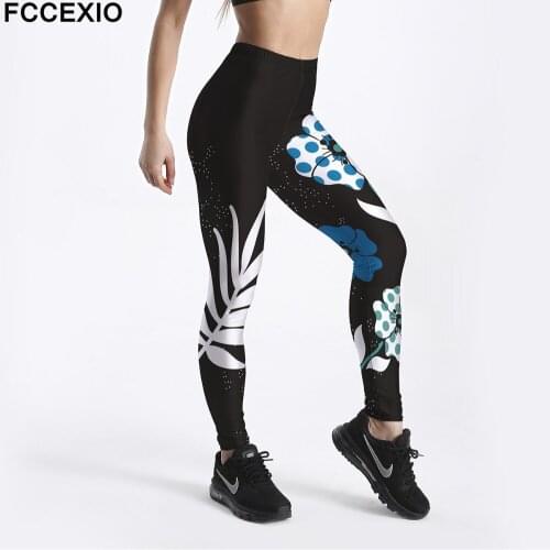 FCCEXIO New Women Workout Leggings High Waist Fitness Legging Butterfly Leaves Print Leggins Female Leg Pants Large Size Legging