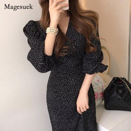 Summer Dress Elegant Lace-up Women Slim Waist 2021 Spring Fashion V-neck Puff Sleeve Polka Dots Party Dresses Vestidos 13297