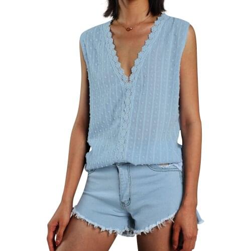 Women Ladies Summer Tank Tops Solid Color Leisure Lace Trim V-Neck Sleeveless Casual Vest Basic Shirt