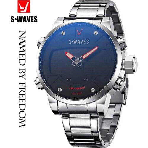 Dual Display Men Watch SWAVES Big Brand LED Water Resistant Mens Wrist Watches Stainless Steel Unique Silver Black Montre Homme