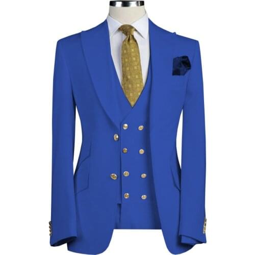 Brand New Men Suits Royal Blue Groom Tuxedos Peak Lapel Groomsmen Wedding 3 Pieces ( Jacket + Pants + Vest + Tie ) D251