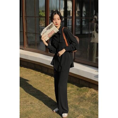 Large size Lapel shirt womens wide leg pants suit with drooping feeling and slightly fat two piece suit showing thin and