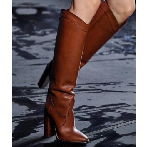 Hot Woman Pointed Toe Tube Long Boots Black Brown Square Heels Embroidery Genuine Leather Slip On Knee High Knight Boots Shoes