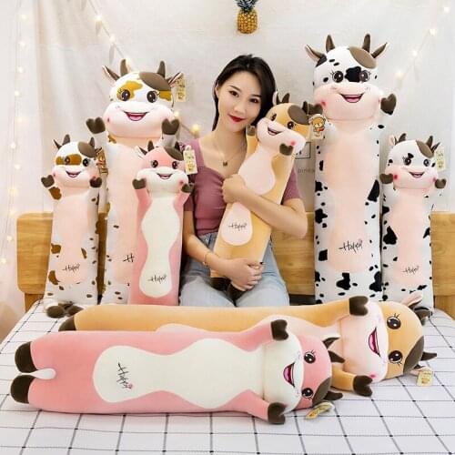Happy Giant Long Lying Cow Soft Plush Sleep Pillow Stuffed Cute Animal Cattle Plush Toys Cushion for Children Baby Girls Gift