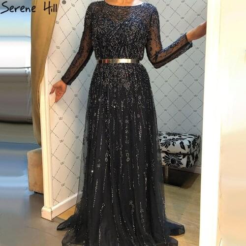 Serene Hill Muslim Navy Blue Luxury Evening Dresses Gowns 2021 A-Line Beaded Crystal For Women Party LA71145