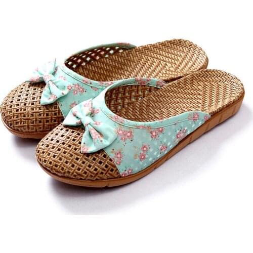Summer Weaving Flax Home Slippers Women Rustic Style Refreshing Womens Shoes Cute Bow Weaving Breathable Sandals Flat Slides