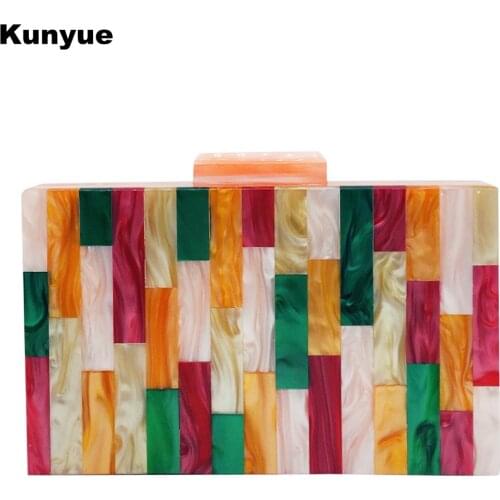 Stylish New Messenger Bag Luxury Pink Base Multi-Color Acrylic Evening Party Bags Women Striped Patchwork Clutch Purse Handbags