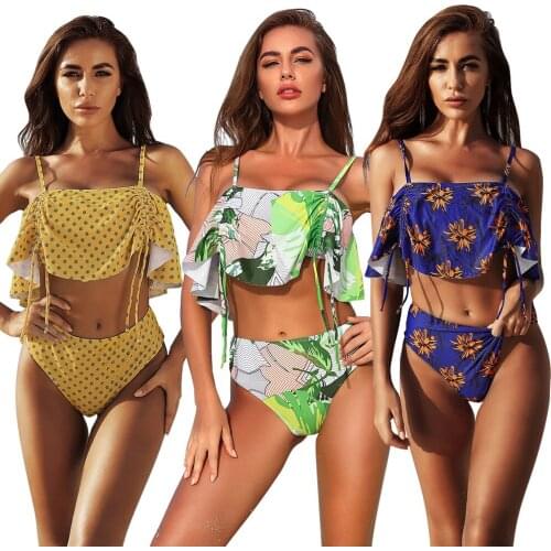 High quality split ruffle swimsuit tight waist print sexy bikini girl beachwear