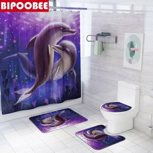Purple Ocean Bathroom Shower Curtains Set Dependent Dolphin Pattern Durable Toilet Cover Non-Slip Rug Fabric Bath Curtain