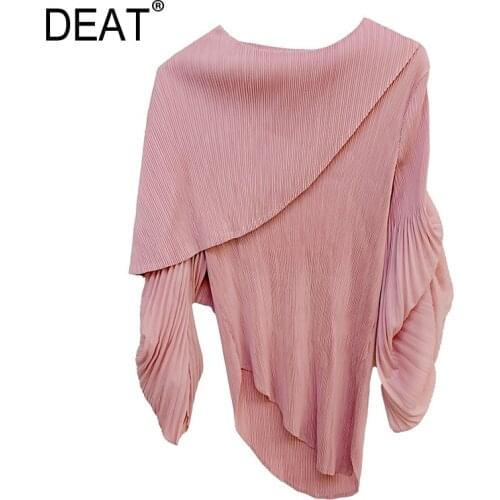 DEAT Woman Pleated T Shirts Vintage Style Puff Sleeve Ruffled Round Collar Pullover Tops Loose 2021 New Summer Fashion XQ477