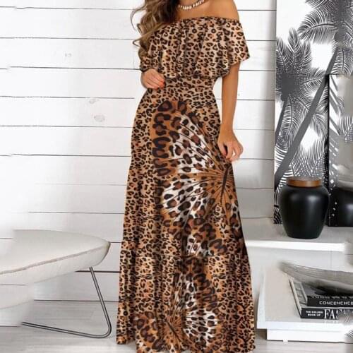 2021 New Lady Elegant Leopard Robe Print Long Dress Ruffle Maxi Sundress Boho Summer Women Sexy Casual Strapless Vestidos Female