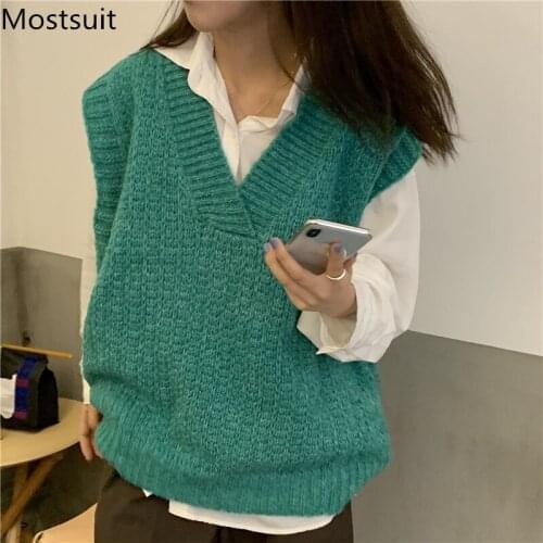 V-neck Knitted Women Sweater Vest Sleeveless Fashion Loose Solid Pullover Tops Korean Casual Female Jumpers Vest 2021