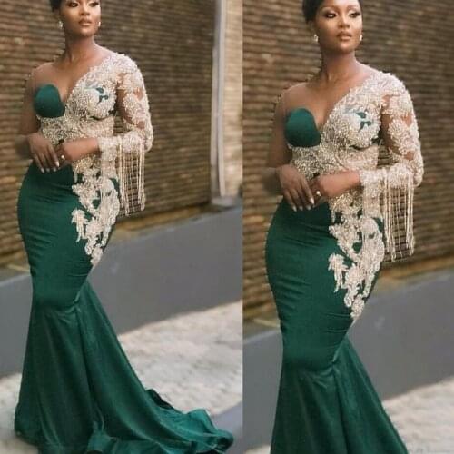 2021 Green One Shoulder Tassel Lace Prom Dresses Appliques Mermaid Satin Evening Dresses abiye gece elbisesi Plus Size