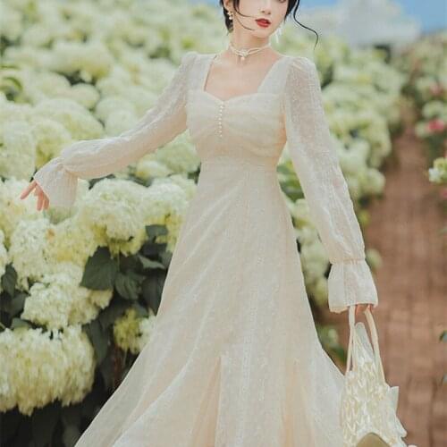 Autumn Chiffon Embroidery Dresses Fairy Romantic French Beaded Mesh Stitching Square Neck Elegant Maxi Dress Lady Party Vestidos