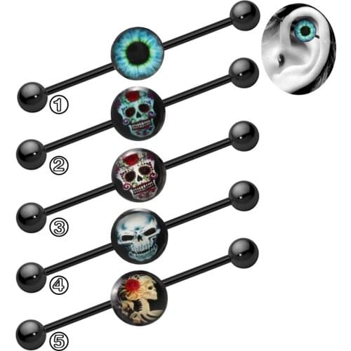 5CS Set Skull Surgical Steel Industrial Barbell for Women Men Cartilage Earring Helix Body Piercing Jewelry